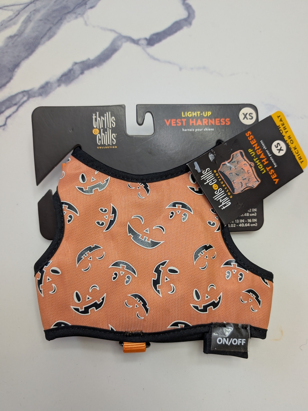 Thrills Orange and Black Pumpkin Light-Up Vest Harness for X-Small Pets